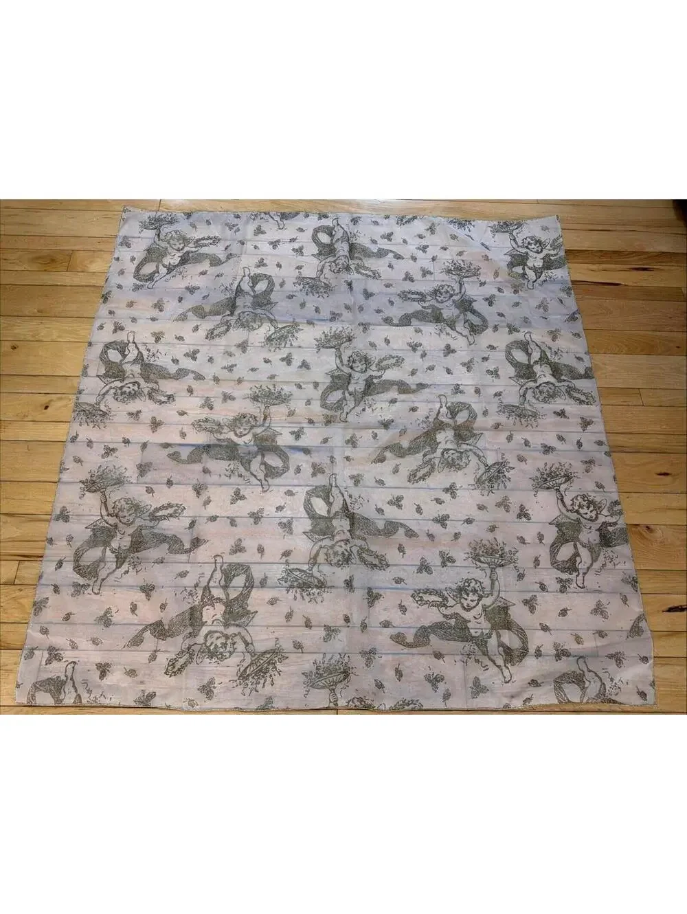 VTG Gold Cherubs Tablecloth Sheer Square Hollywood Regency MCM Shabby Chic 52”